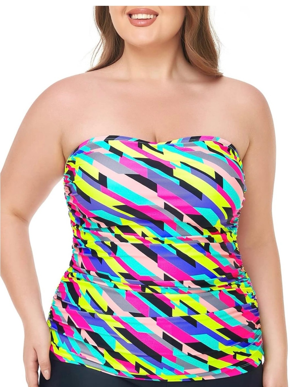 Women’s Plus Neon Multi-Color Strapless Swim Tankini Top